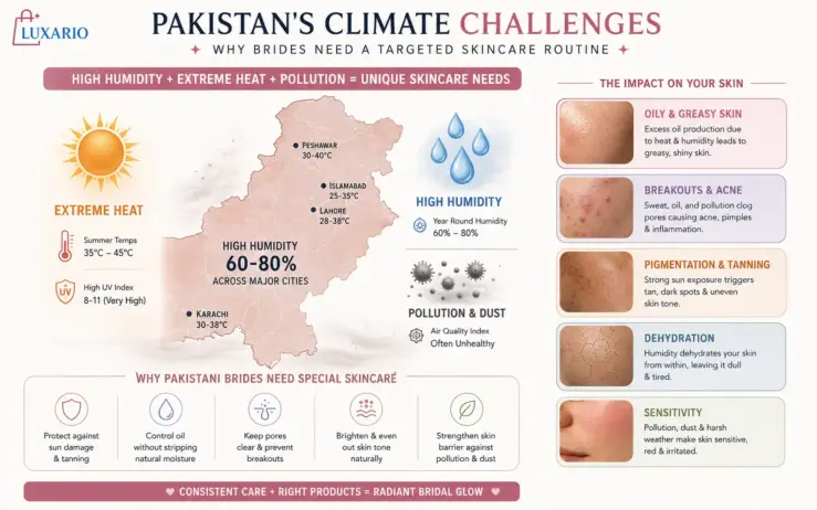Pakistan climate challenges for skin showing humidity, heat, and pollution effects on bridal skincare including oily skin, breakouts, pigmentation, and sensitivity