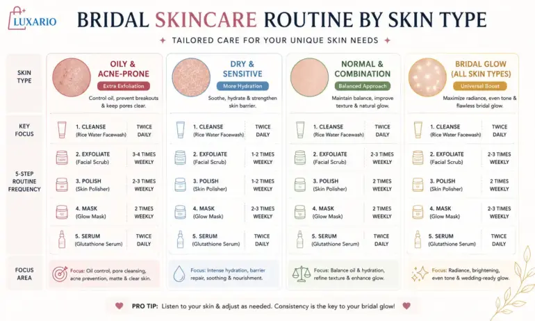 Bridal skincare routine by skin type guide comparing oily acne-prone, dry sensitive, and normal combination skin with tailored 5-step routine recommendations