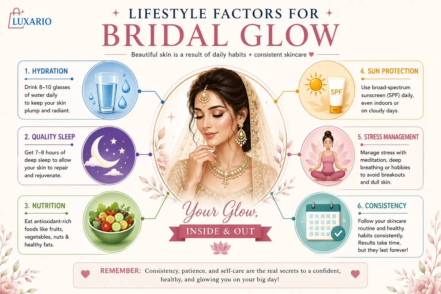 Bridal Skincare Routine Pakistan -Bridal glow lifestyle factors infographic showing hydration, sleep, sun protection, stress management, nutrition, and consistency for pre-wedding skincare success